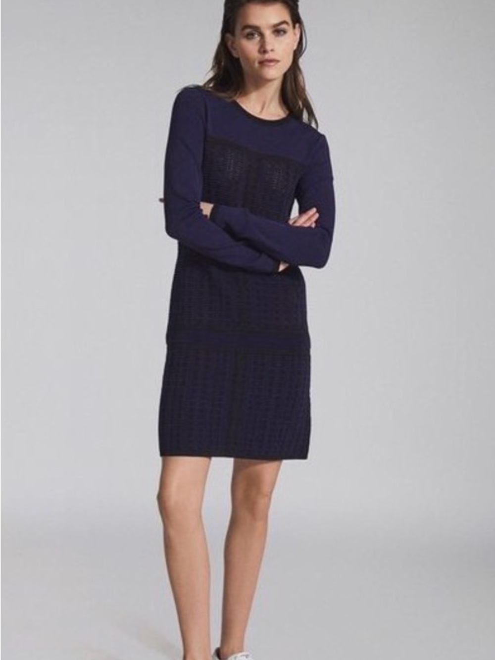 REISS Elsie Navy Knit Long-Sleeve Dress